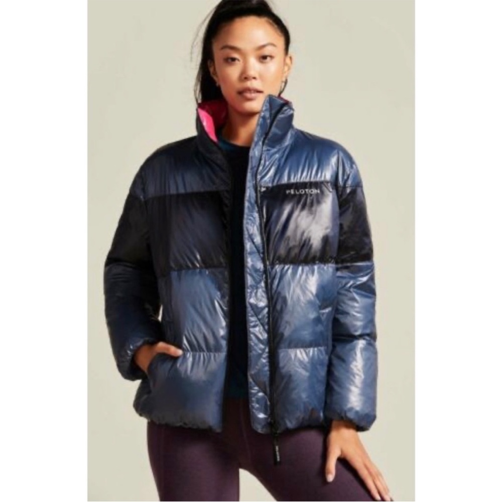 PELOTON H120 puffer jacket zip womens navy hot pink color block M - Picture 3 of 10